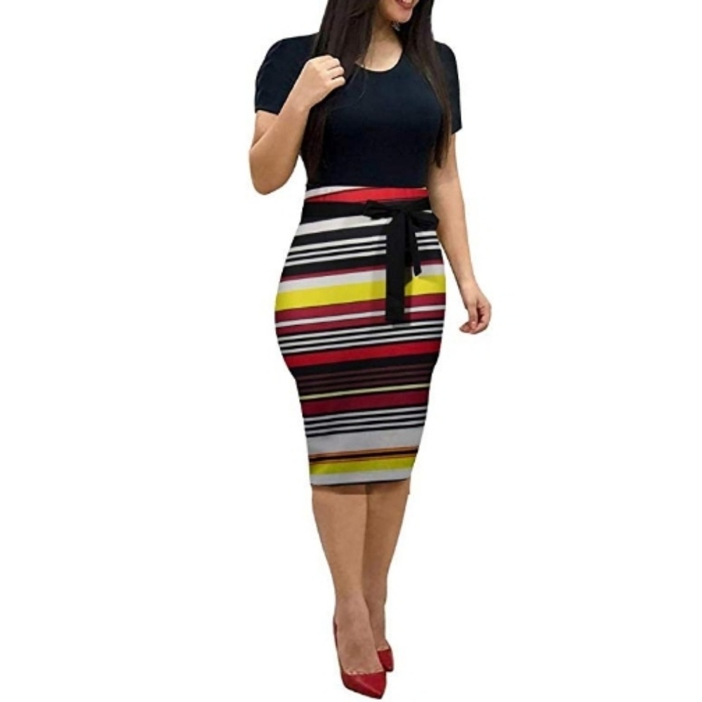 Cute Stripe Tie Waist Bodycon Pencil Dress (Large)